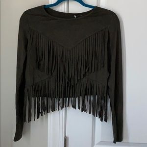 Long sleeve forest green fringe crop top